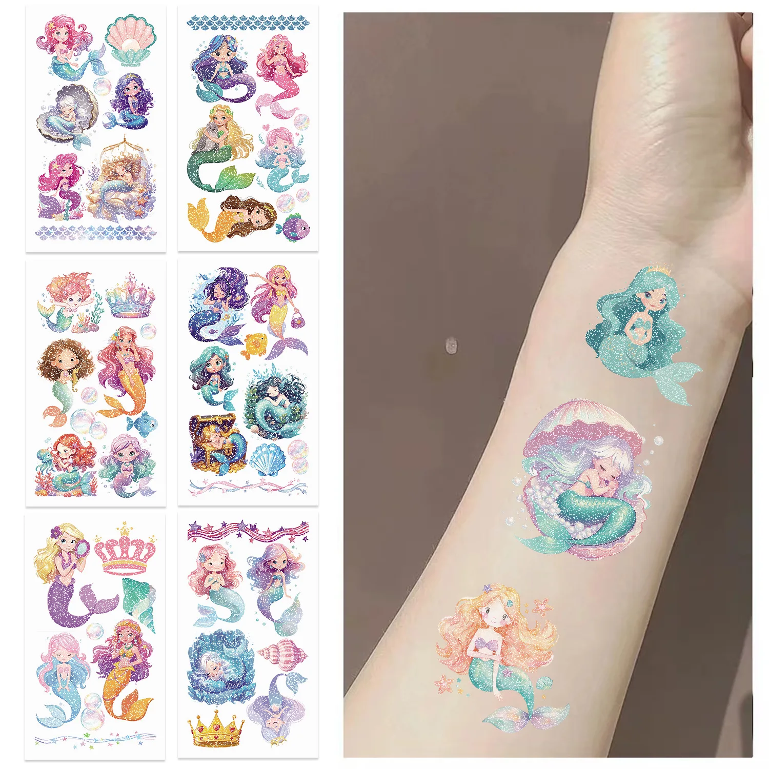 10 個漫画マーメイドシリーズグリッタータトゥーステッカー防水パーティーパーティーギフト面白い楽しいフェイスステッカー