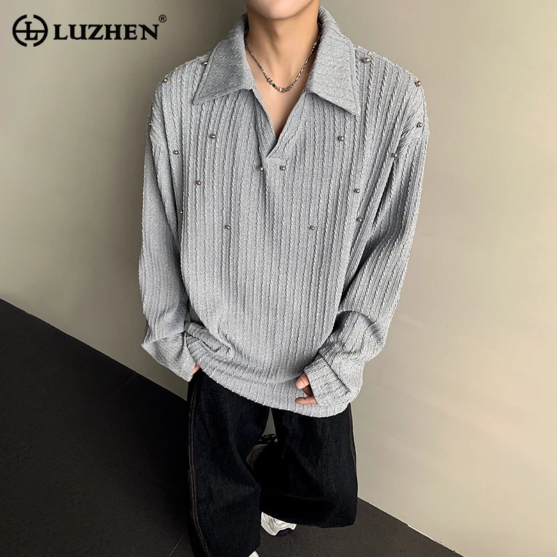 

LUZHEN модные мужские футболки с длинными рукавами ручной работы, украшенные бисером, осень 2021, новая однотонная повседневная одежда JY4015