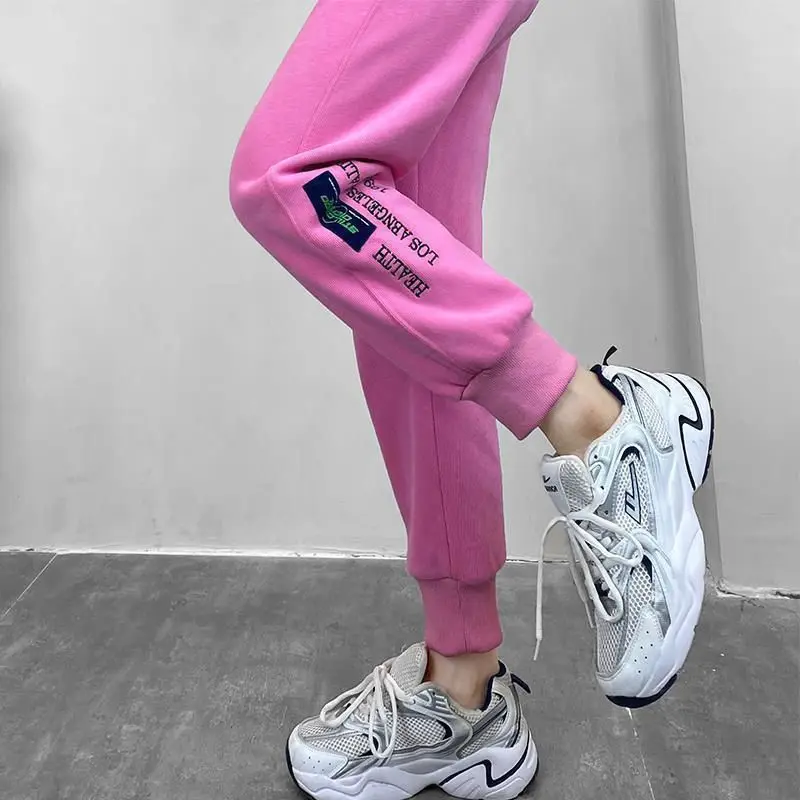 

European Goods Plus Fleece Thickening All Pink Sweatpants Women Spring Autumn New Letters Embroidered Bunched Feet Haren Pants