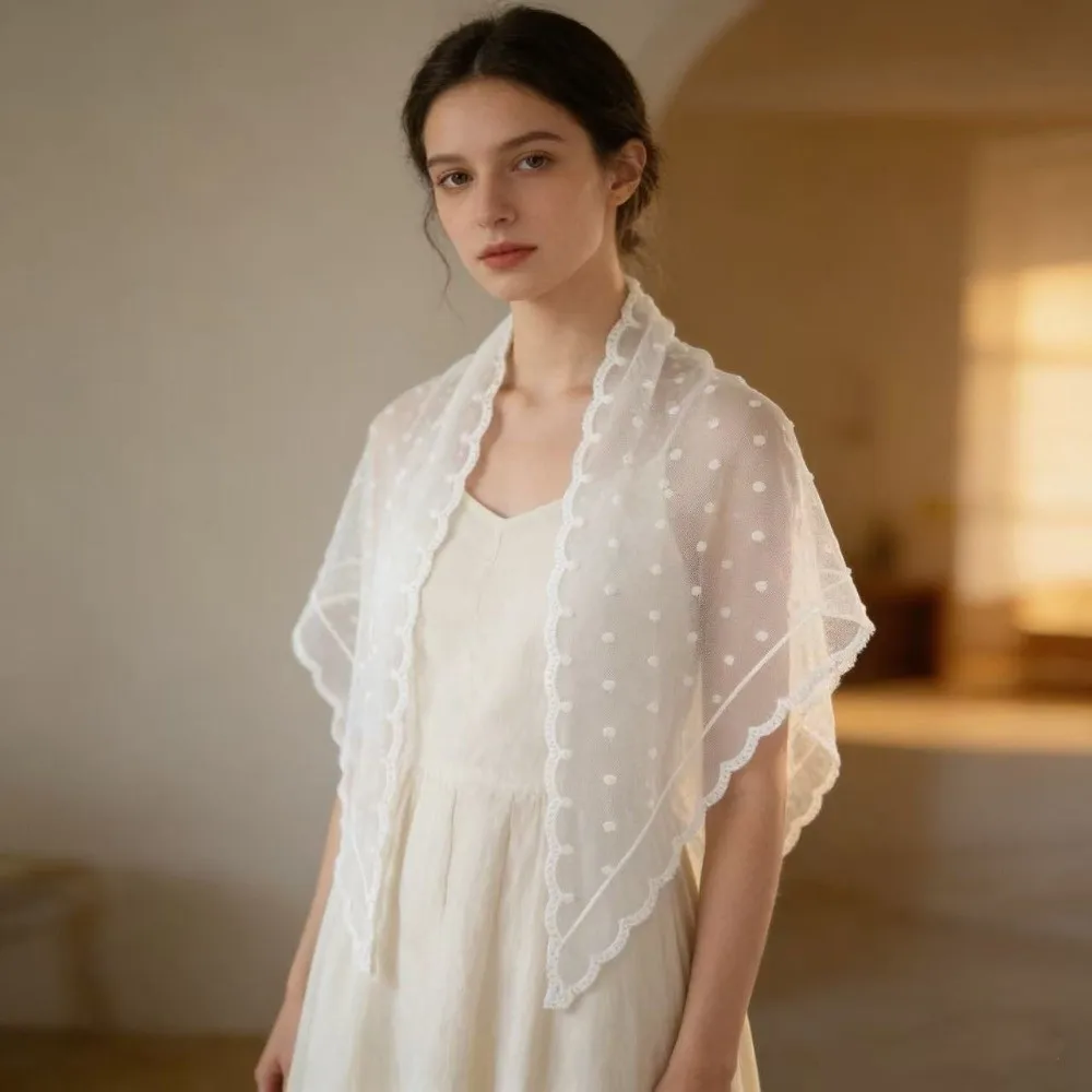 Elegant Lace Embroidered Triangle Scarf Sheer Multi-Functional Head Scarf Pastoral Style Polka Dot Shawl Wrap Beach Cover Up