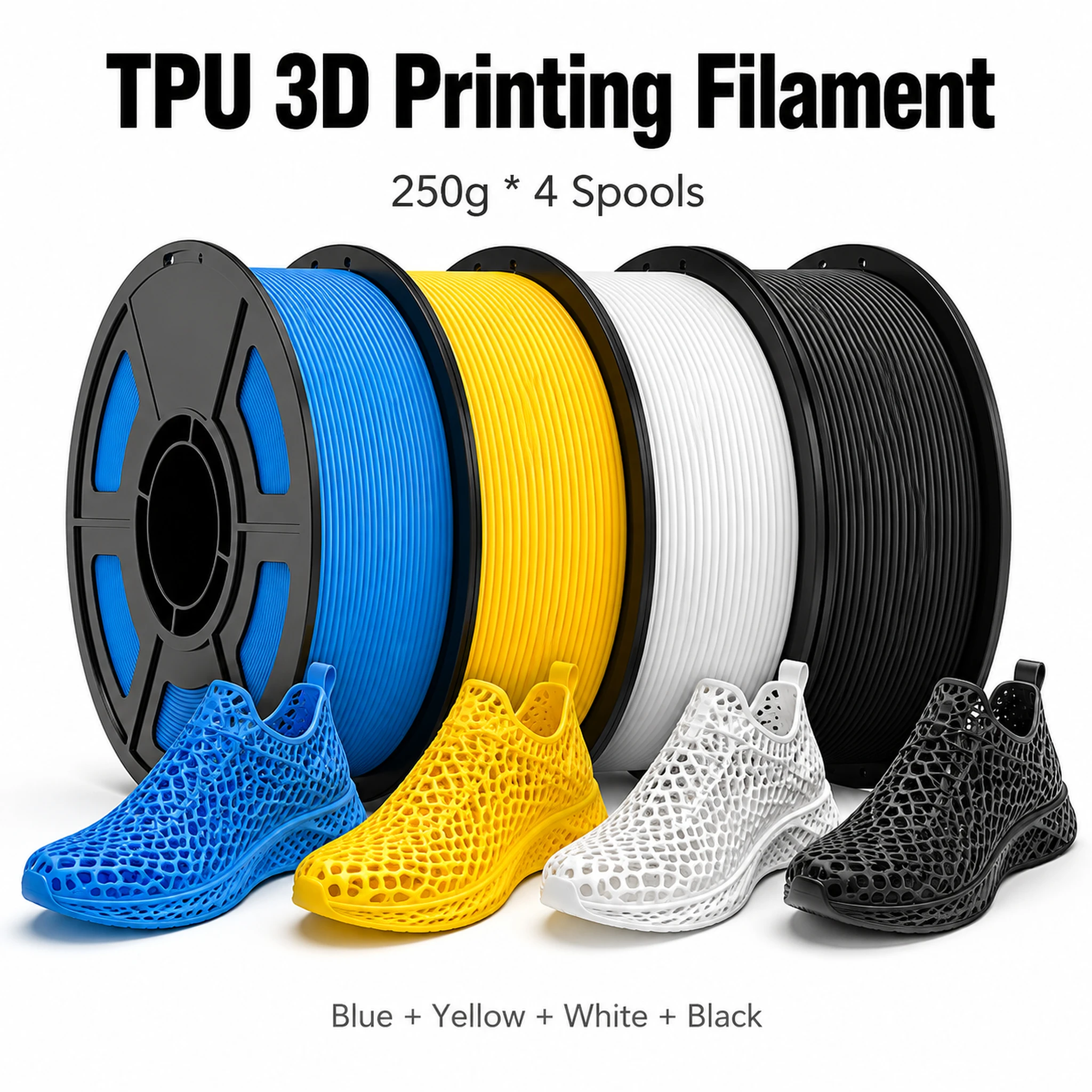 95A Flexible TPU 3D Printer Filament 1.75mm Single Spool 250g Blue Yellow Black White 4 Colors Optional for FDM Desktop 3D Print