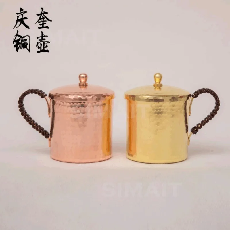 Handmade Thickened Pure Copper Tea Cup with Lid, Creative Mouth Design for Heat Retention, Durable Copper Water Mug Gift
