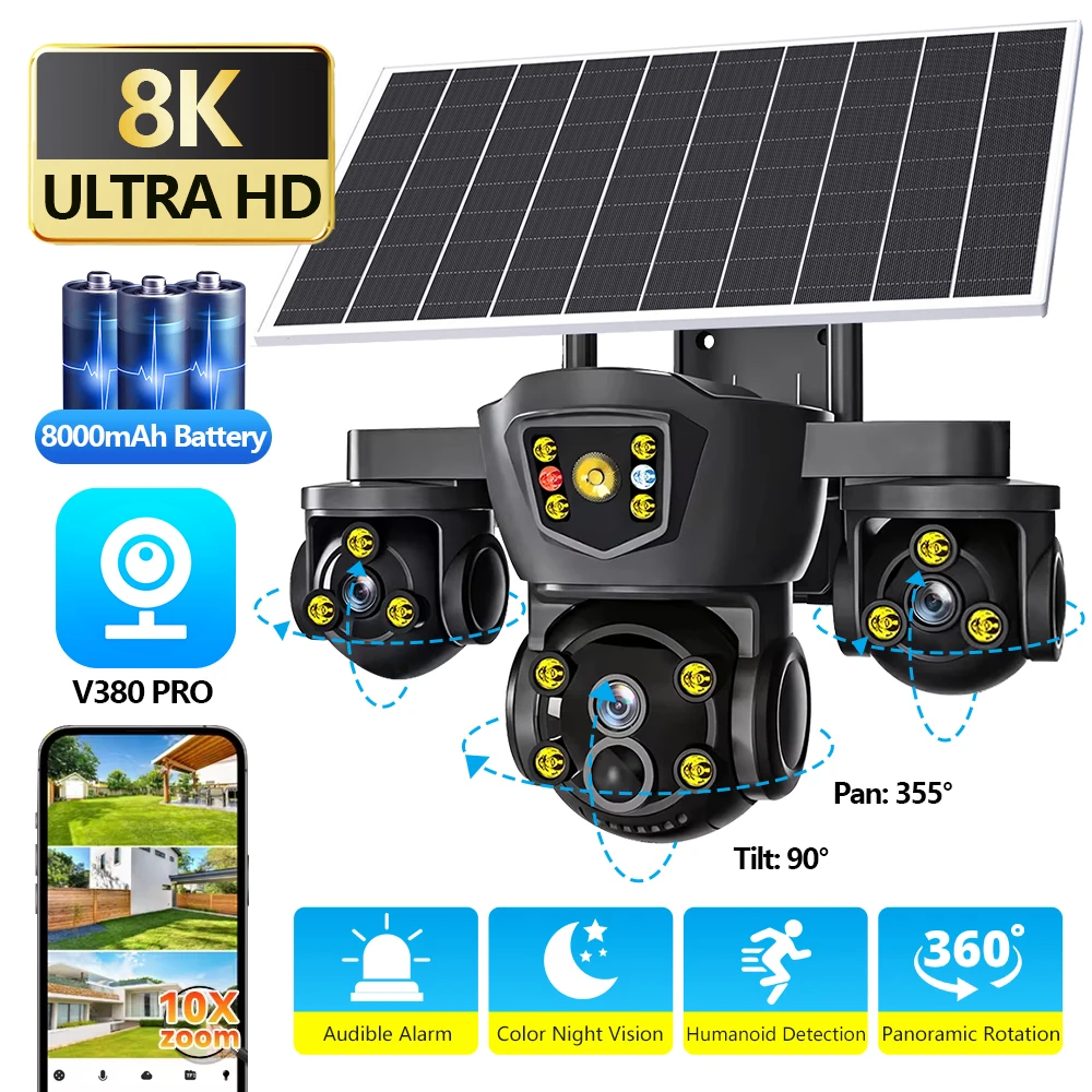 V380 Pro WiFi Telecamera solare wireless Tre schermi Scheda SIM esterna 4G CCTV solare Batteria a tre obiettivi Telecamera di sicurezza solare