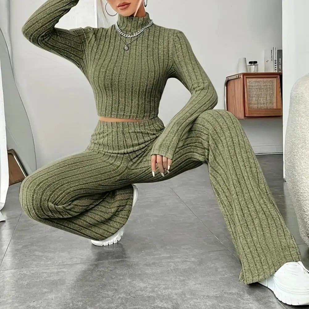 Women Top Pants Set Two-piece Suit 2 Pcs Women’s Fall Winter Outfit Set Half-high Collar Sweatshirt High Waist Striped