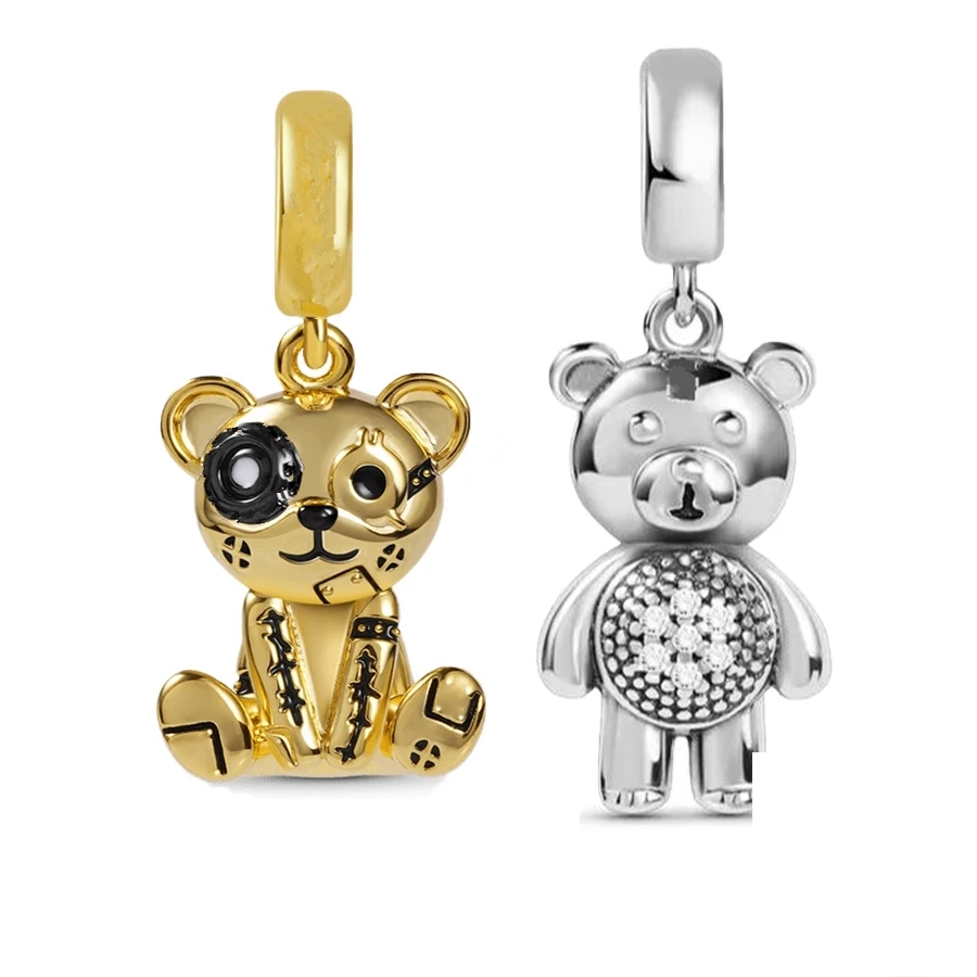 New Gold Plated Steampunk Bear Brother Pendant Dangle Charm Bead Fit Original European 925 Sterling Silver Bracelet Jewelry Gift