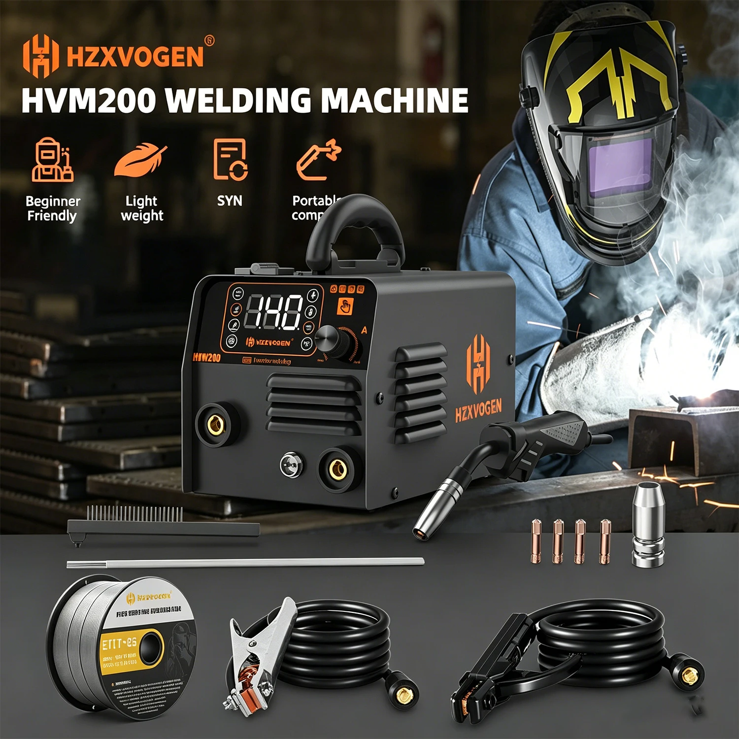 HZXVOGEN HVM200 3 In 1 Synergic Gasless Flux Core MIG Welder Lift TIG MMA Stick Welding Machine 140A IGBT Inverter Portable No Gas Welding Machine Complete Kit for Home DIY Auto Repair Metal Working