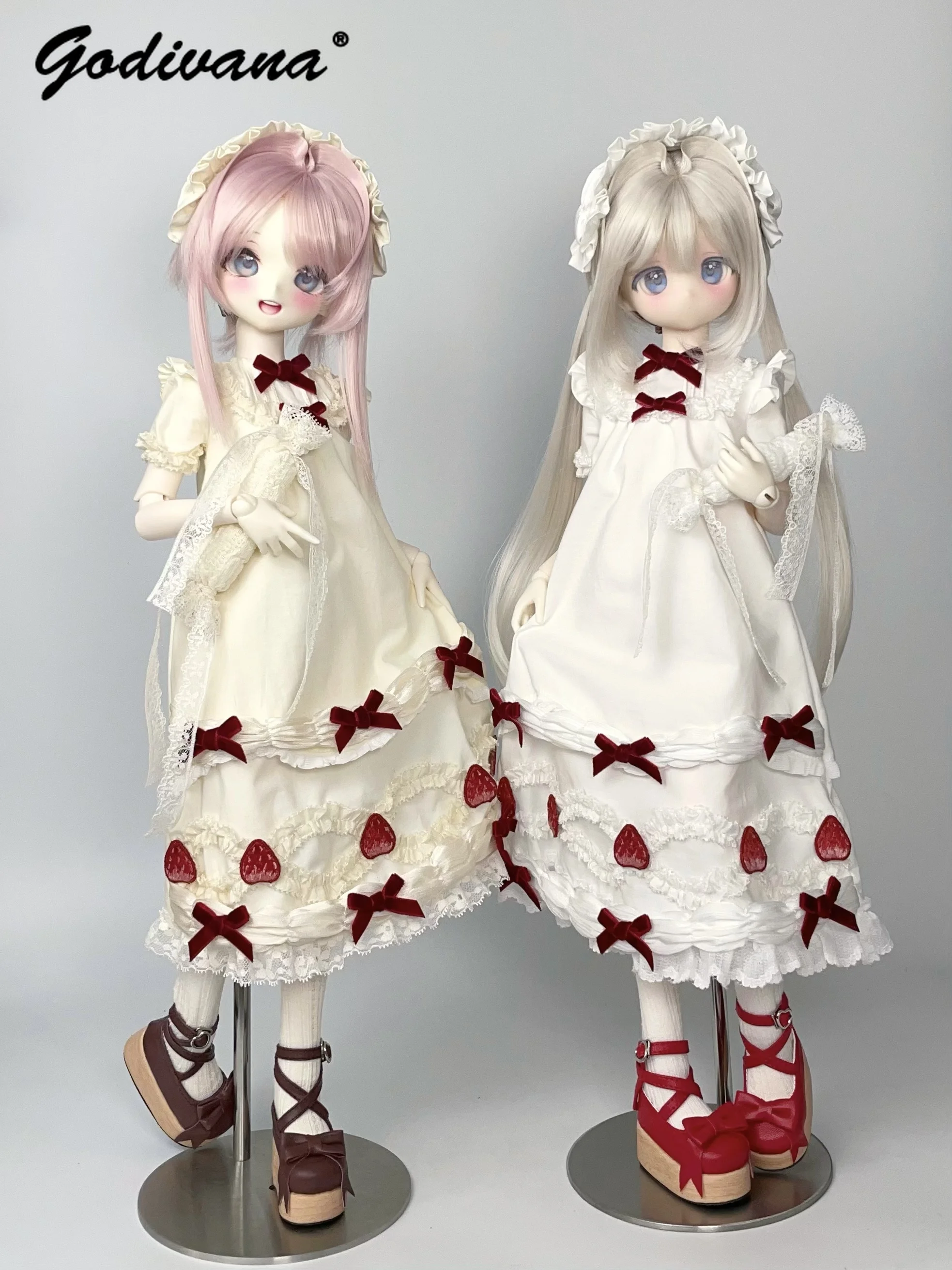 Sweet Strawberry Embroidery Lolita 1/4 BJD Doll Dress Outfit Ruffle Lace Bonnet Hat Velvet Bow Decor Doll Clothes Fit 1/6 Azone