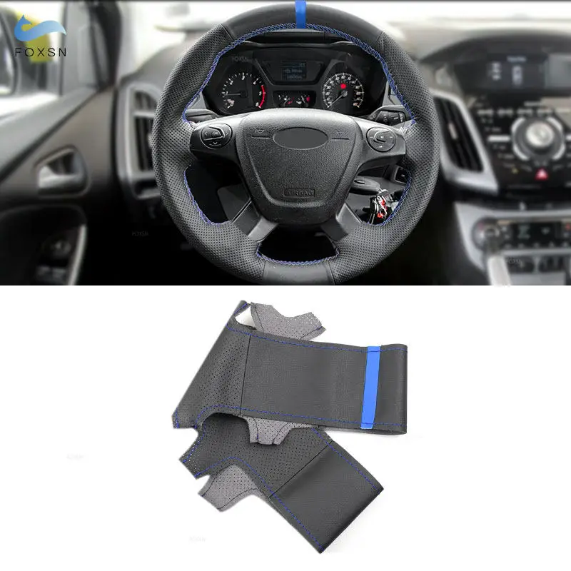 

Для Ford Focus 3 2012 2013 2014 C-MAX 2011-2014 KUGA Escape 2013-2015 2016 Чехол на руль автомобиля Кожаная отделка синяя полоса