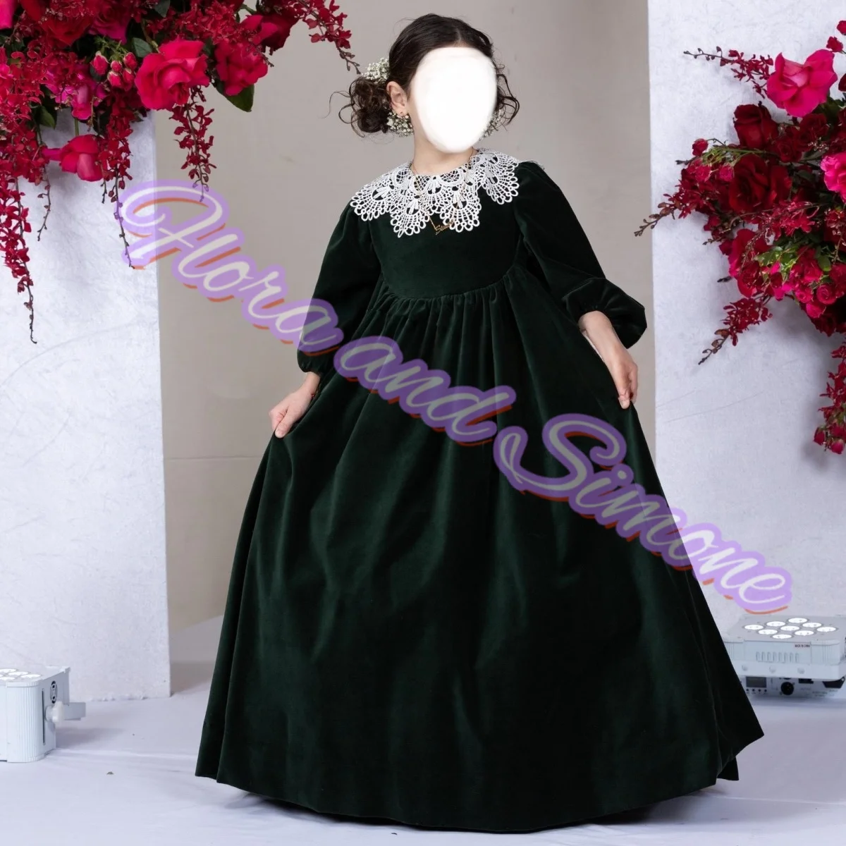 

Girl Gowns Quarter Sleeves Lace Collar High-waisted Velvet Flower Girl Dress for Wedding Ceremonies Formal Receptions Customized