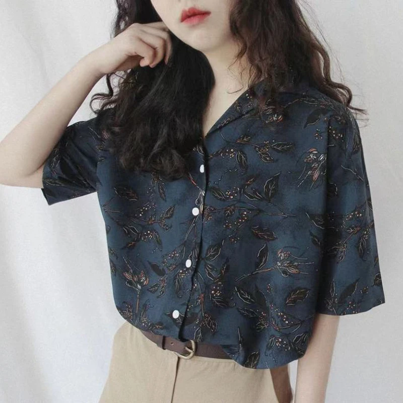 MEXZT Vintage Harajuku Print Shirt Women Summer Streetwear Short Sleeve Oversize Blouses Korean Fashion Elegant Casual Top New