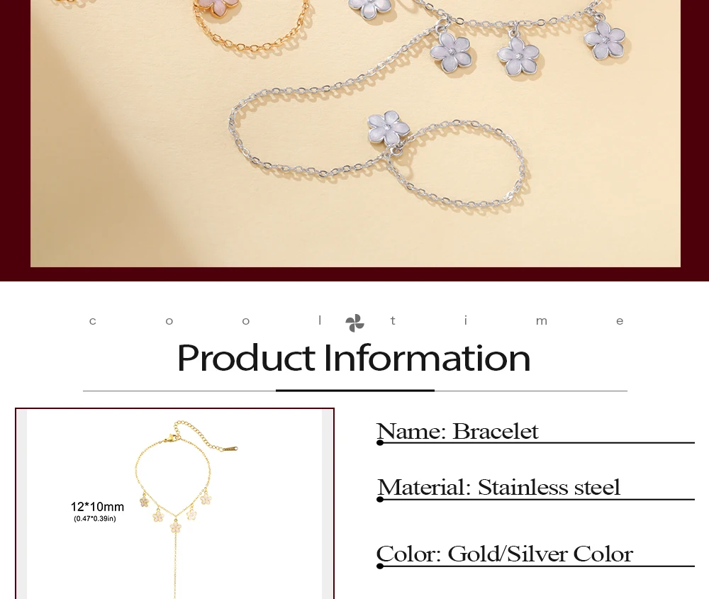 CoolTime Niedliche Armbänder aus Edelstahl mit rosa Blüten und Ring, zierliche Emaille-Sakura-Kette, verstellbar, Geschenk für Frauen – Detail 2