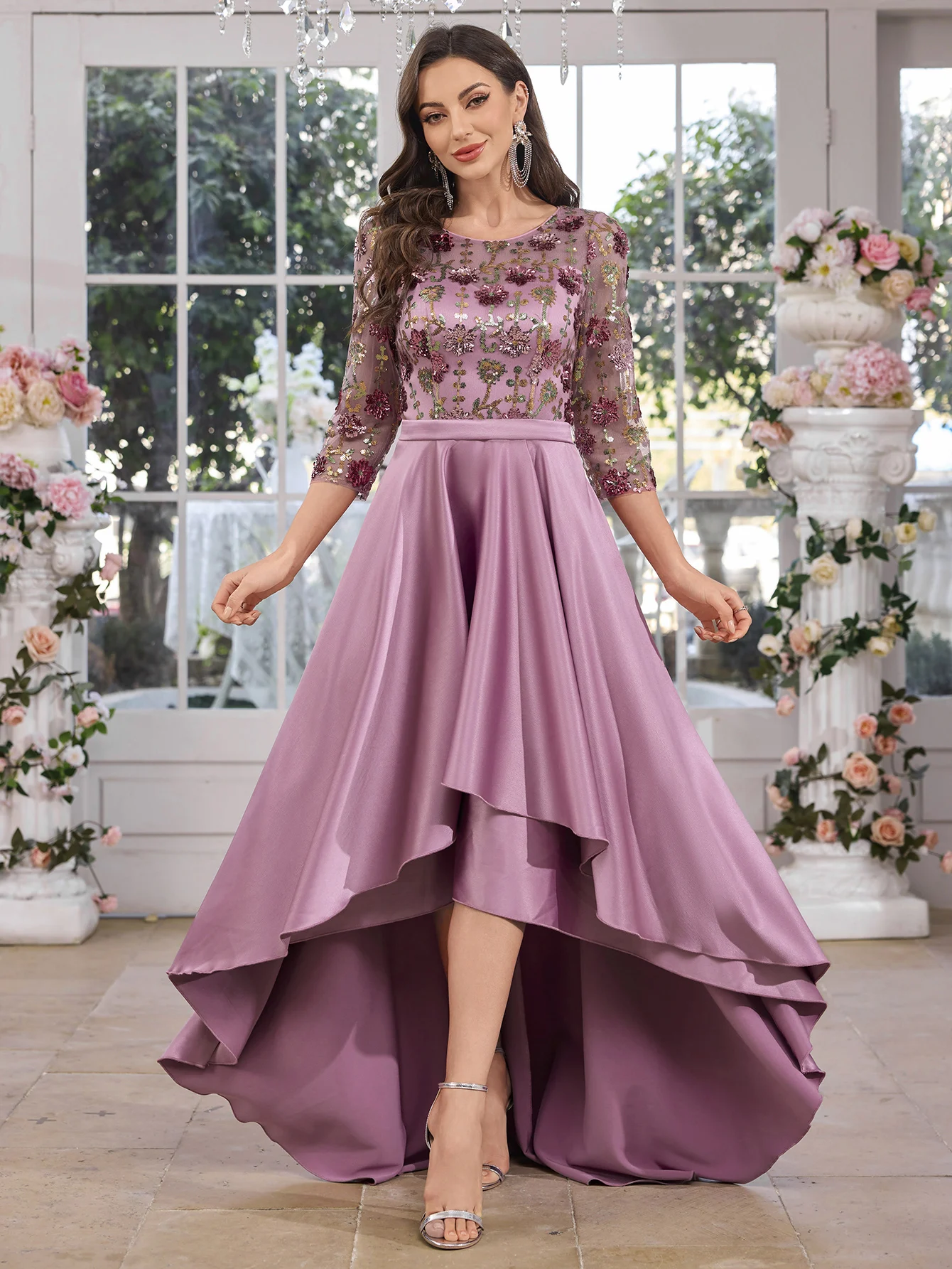 

UNITHORSE Sequin Splice Satin Dress with Chest Embroidery for Women Evening Ball Gown Elegant Floor-Length Formal Skirt