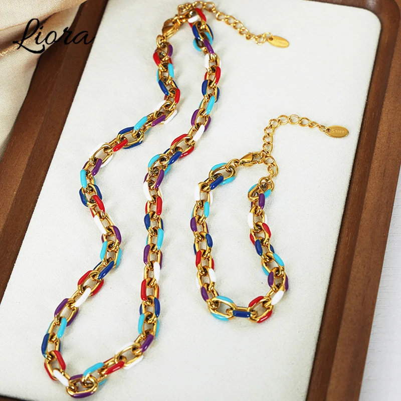 Liora Heavy 316L Stainless Steel O Chain Necklace Bracelet For Women Men Colorful Enamel Link Charm Waterproof Jewelry Sets