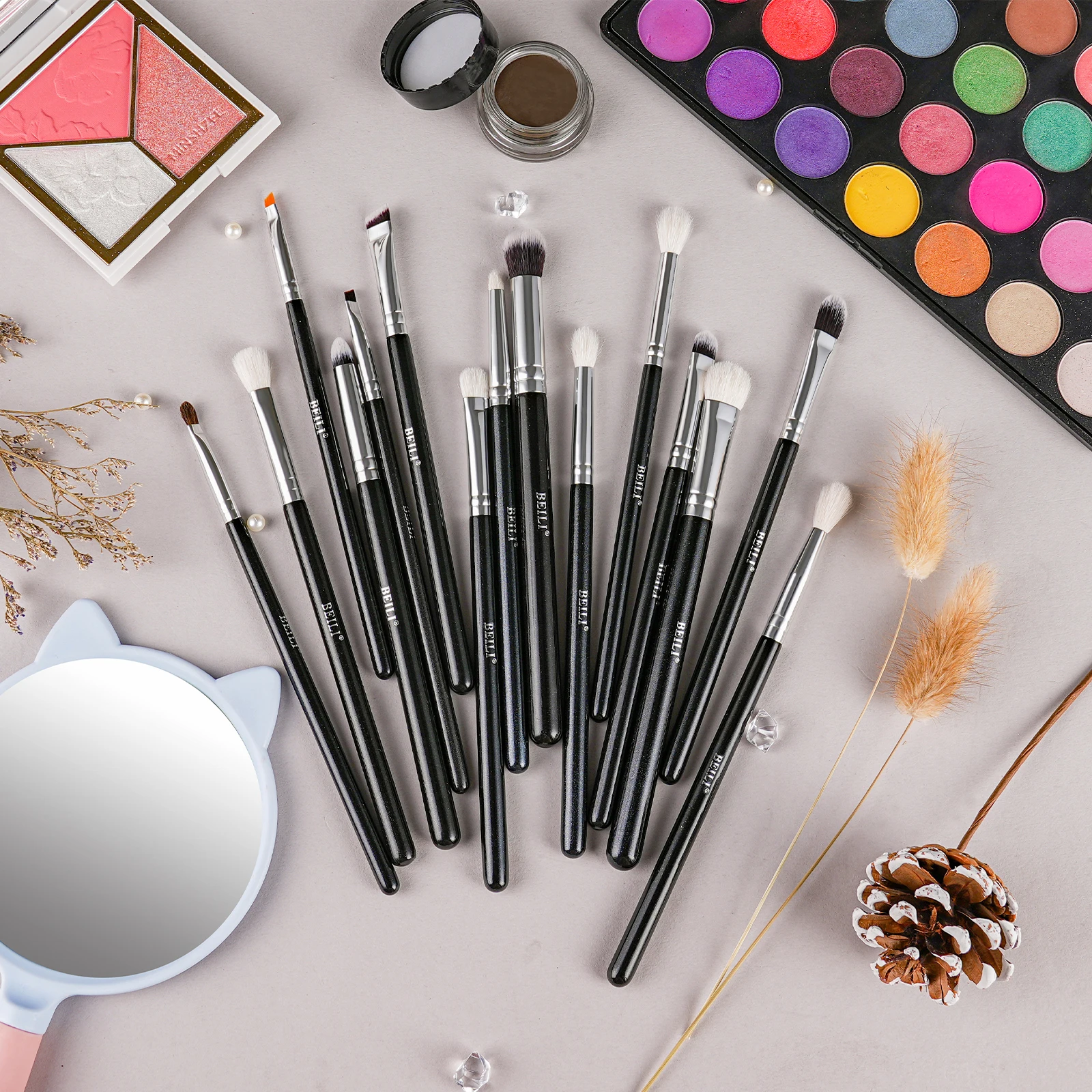 BEILI Black Makeup Brushes 15Pcs Goat Hair eyebrow Eyeshadow Eyeliner Blending brush set With Bag High Quality Professional