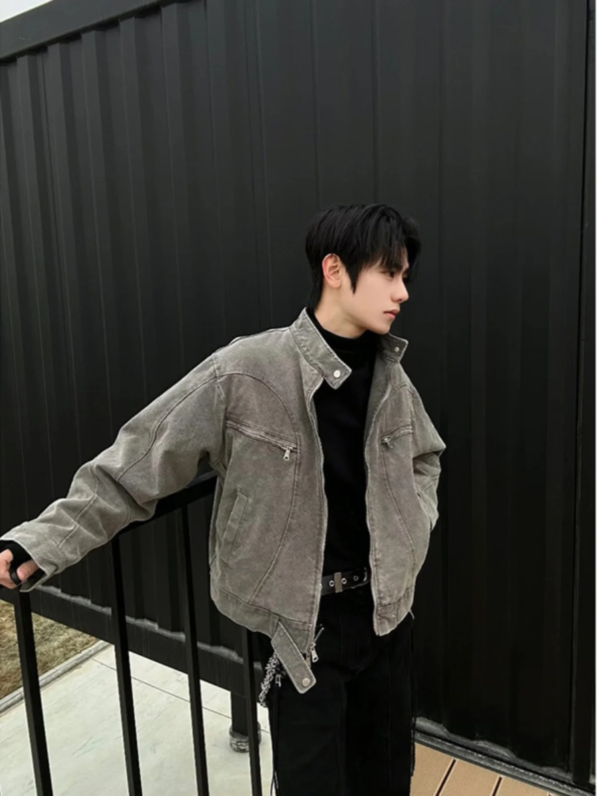 Cleanfit Short Stand Collar Workwear Jacket Men's Style High Sensation Cool Outerwear American Washed Vintage Denim Shirt