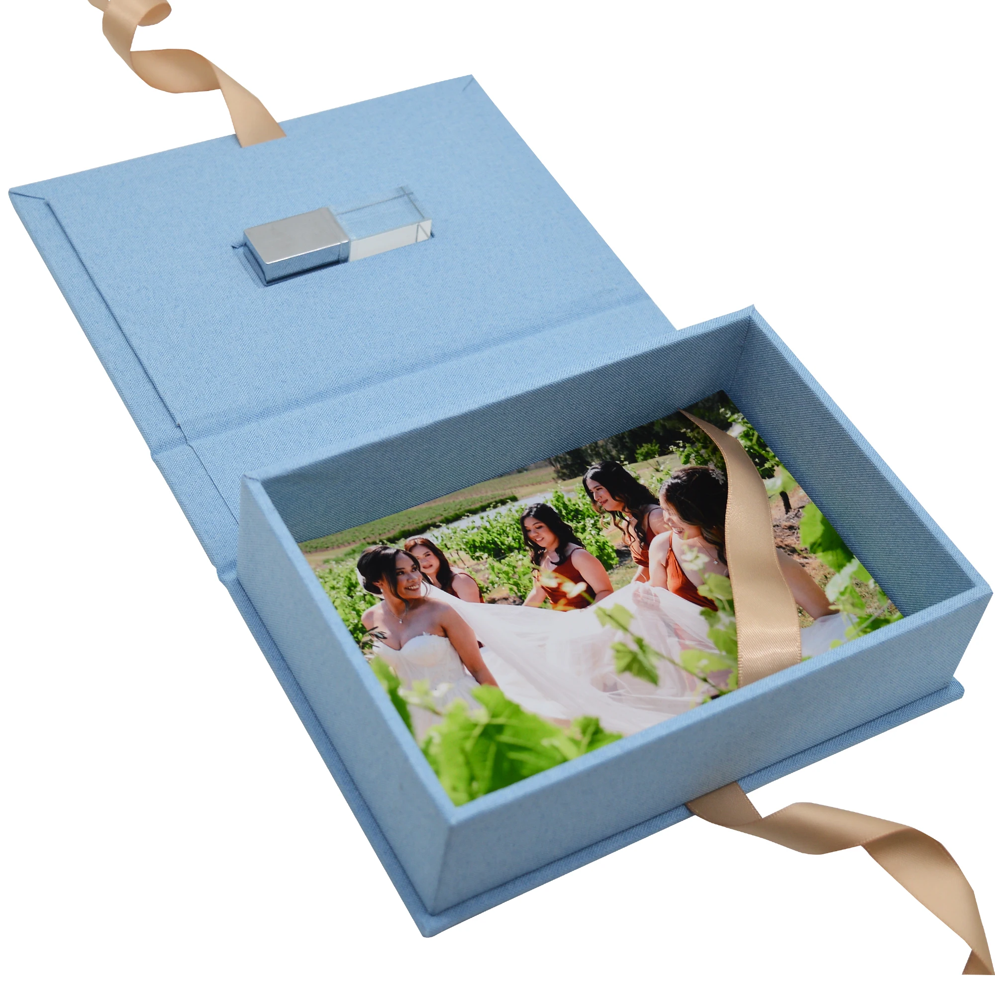 

Luxury photo box with USB drive, linen fabric, ribbon seal, customizable logo