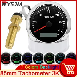 7 Color Backlight 85mm Tachometer 3000 RPM Meter Black 3K Tacho Gauge With LCD Hourmeter For Marine Boat Motorcycle Car Tacho