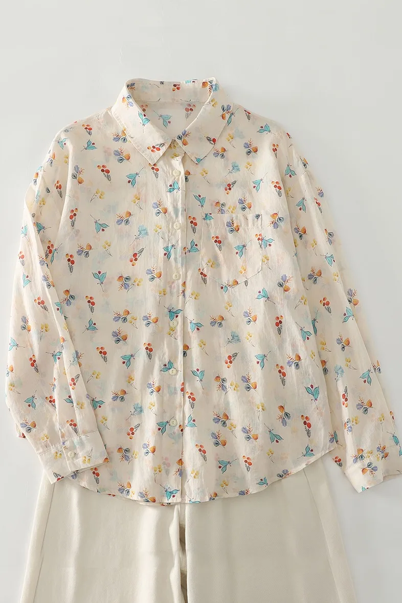 ผู้หญิงฤดูใบไม้ผลิฤดูร้อน Retro ดอกไม้พิมพ์ผ้าฝ้ายผ้าลินินเสื้อแขนยาวผู้หญิงเสื้อ Boho Streetwear Beach Holiday