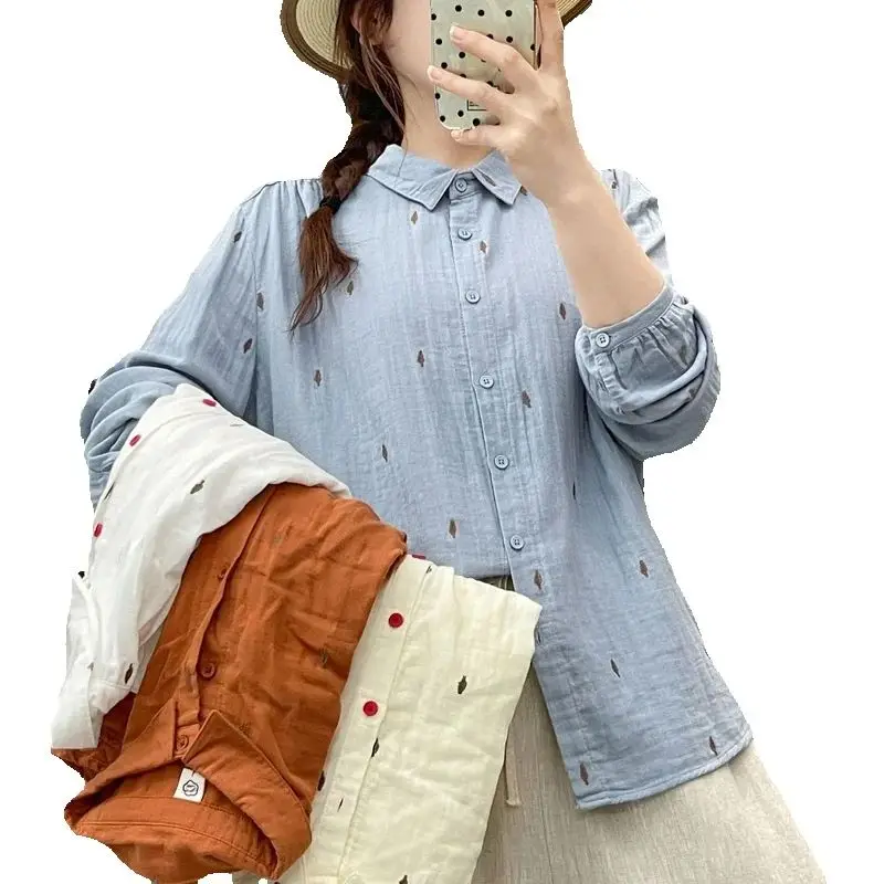 New 2026 Spring Women Cotton Yarn Long Sleeve Shirt, Turn-down Collar Embroidery, Mori Girl Casual Soft Loose Blouse T62460CC