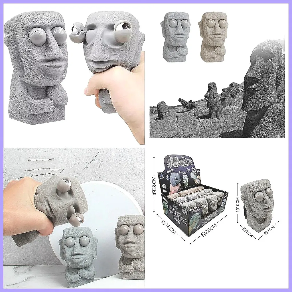 Stone man releases stress toy slowly rebounds soft Moai statue squeeze eyes interested expression relaxes stress children's gift