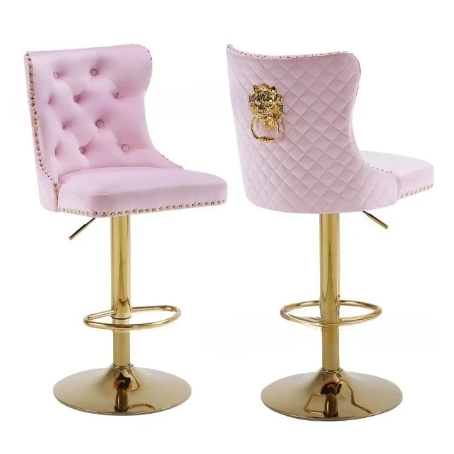 Luxury Tufted Lion Knocker Nailed Velvet  Sliver Gold Base Swivel Metal High Chair Bar Stool for Bar Table with Back Rest