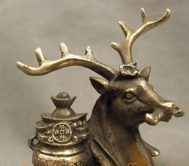 Chinese Copper Collect Animal Wealth Treasure Bowl On Fu Deer Statue Set