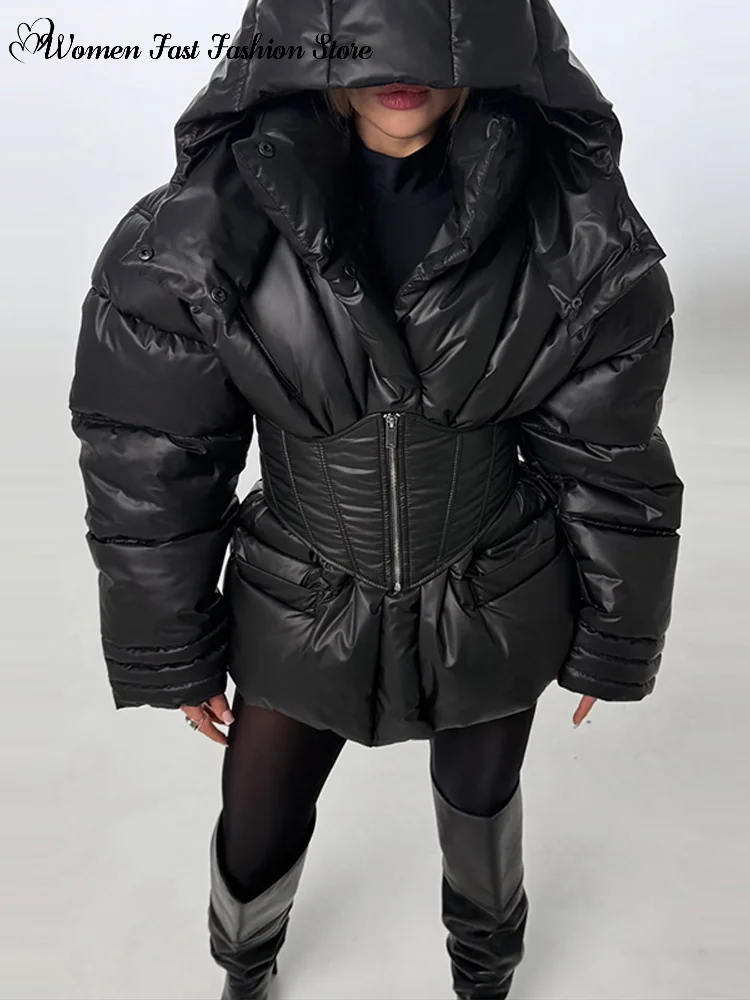 Warm Hooded Cotton Coats With Zipper Lace-up Waistband 2026 Winter Slim Waist-cinching Single BreastedJackets Women's Outwear