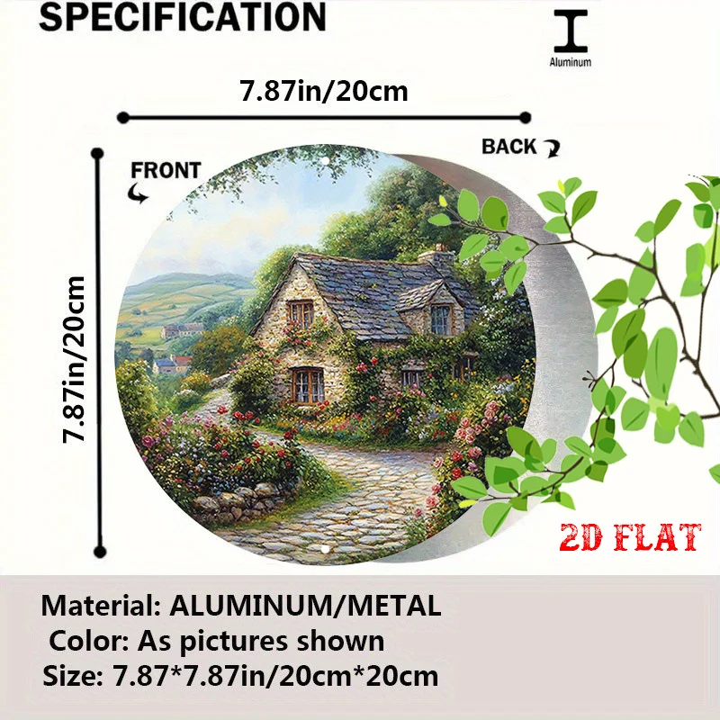 2D Flat, 1pc Vintage Cottagecore Round Metal Wall Art - Stone Cottage & Rose Garden Sign with Greenery & Cobblestone Path, Rusti