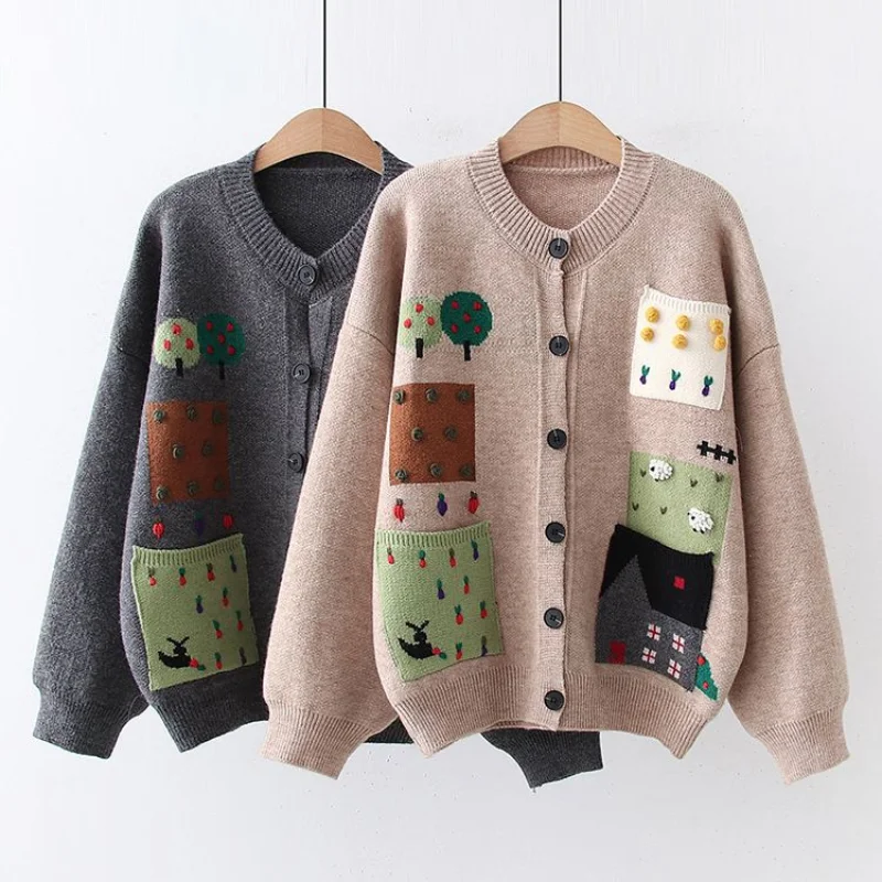 Korean version cardigan sweater women 2023 summer casual contrast color patchwork pocket loose o neck cardigan sweater for women