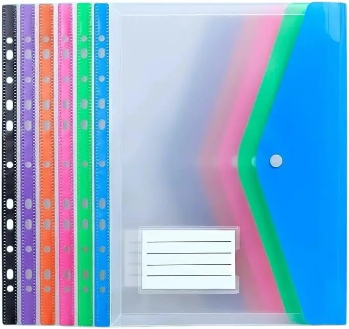 Lot de 6 pochettes en plastique à 11 trous, classeurs à anneaux extensibles pour documents à 2/3/4 anneaux, avec bouton-pression et étiquette, à feuilles mobiles.