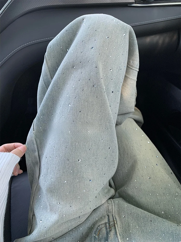 التخسيس الضوء الأزرق مستقيم الساق الجينز المرأة عالية الخصر الماس مزين عارضة تناسب السراويل فضفاضة الطابق طول