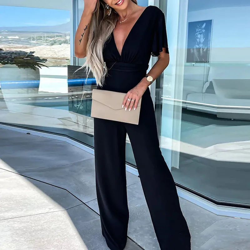 Commuter Lady Elegant Straight Jumpsuit New Spring Solid V Neck Women Playsuit Romper Summer Short Sleeve Wide Leg Pant Overalls