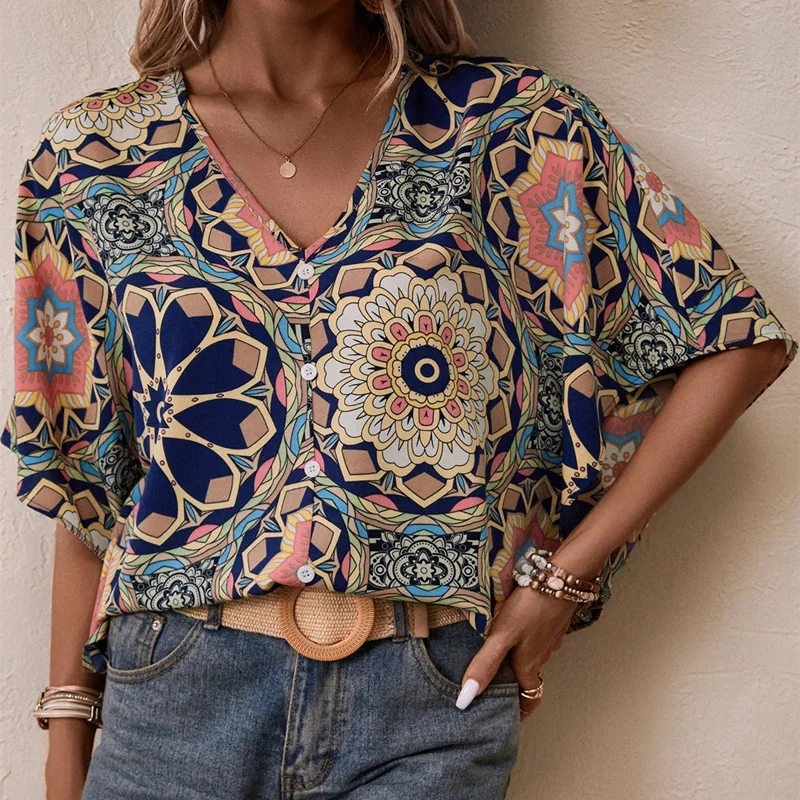 Boho Batwing Sleeve Print Shirt Blouse Women Fashion Summer Casual Loose V-neck Shirts For Women 2024 Striped Printed Tops Femme