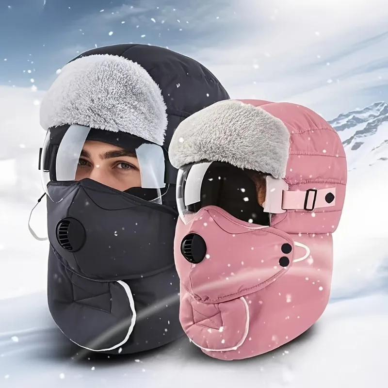 

2-Piece Winter Outdoor Riding Hat with Earmuffs, Mask and Goggles -Thickened Windproof Fleece Lei Feng Hat Unisex, New Ski Style