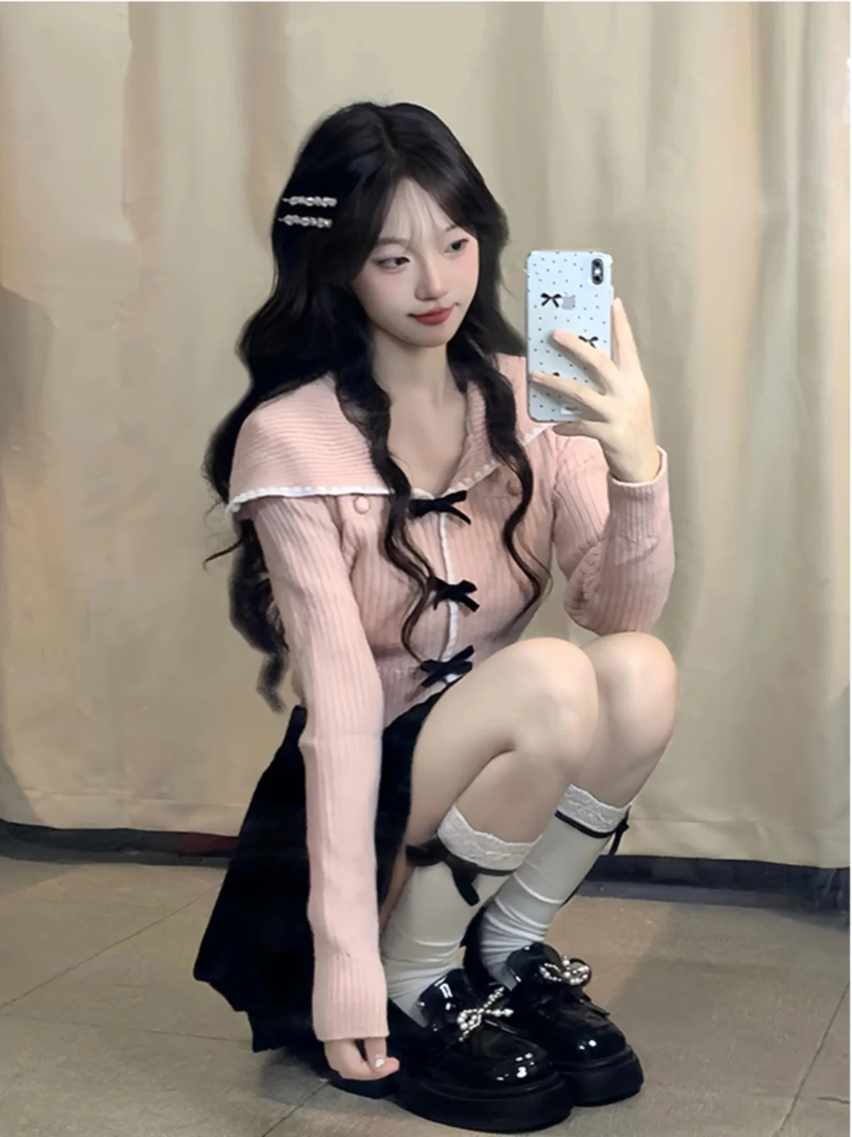 

Розовый вязаный ортопедический свитер, пальто с темно-синим воротником, женский осенний дизайн, корейская версия, дышащий длинный кардиган све