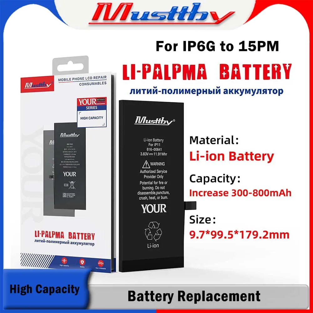 Musttby 2pc 100% OEM Real High Capacity Rechargeable Battery Replacement For Apple iPhone 11 12 13 14 15 Pro Max Bateria Part