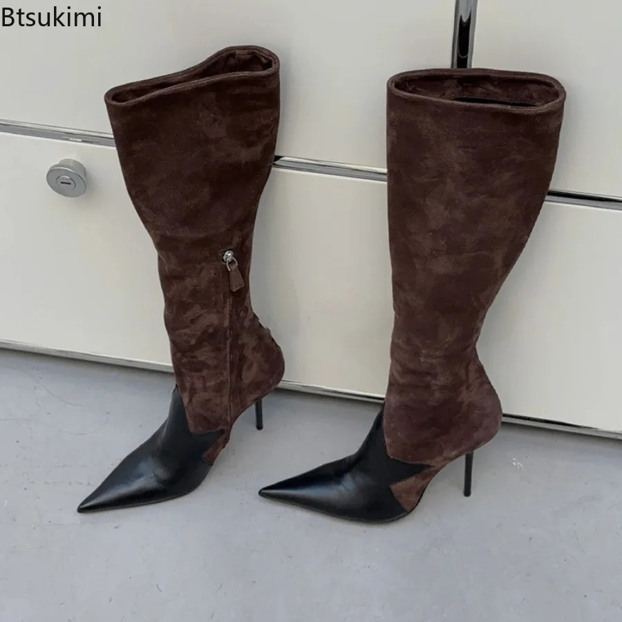 Five-star Shaped Leather-trimmed Knee High Boots Women Sexy Chocolate Suede Splicing Leather High Heels Mixed Color Pointy Shoes