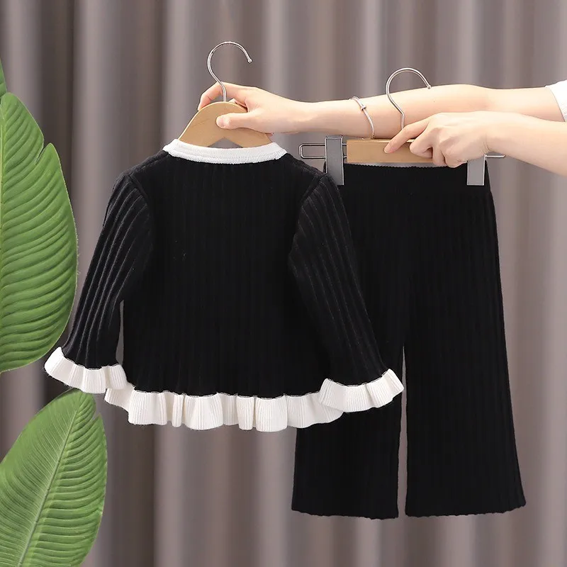 Girl's Jumper Set Autumn and Winter New Fashion Baby Girl Solid Colour Cardigan Jumper + Wide Leg Trousers 2 Pieces Set Kids