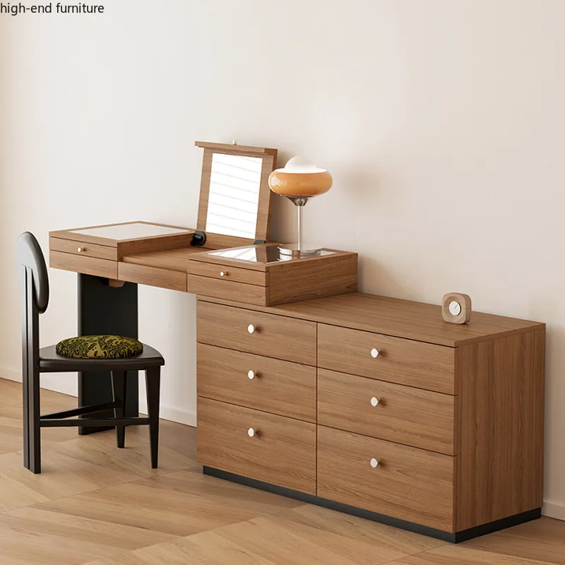 Retro solid wood dresser, medieval simple storage, six-chest cabinet integrated with mirror, light luxury makeup table