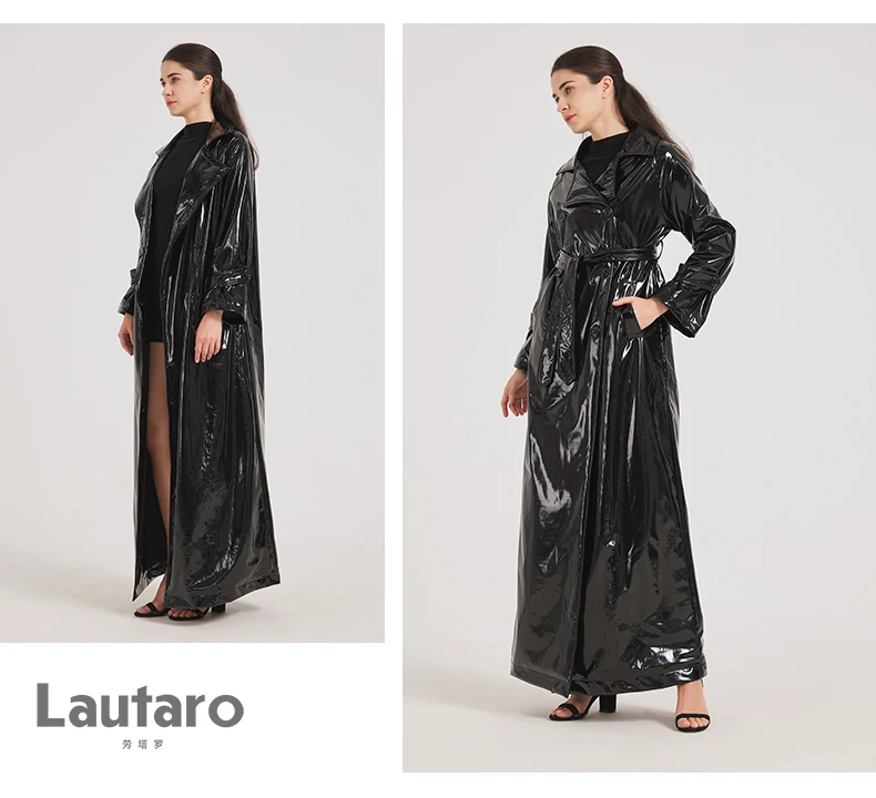 Lautaro Spring Autumn Black Shiny Reflective Soft Patent Leather Trench Coat for Women Luxury Designer Floor Length Clothes 2024