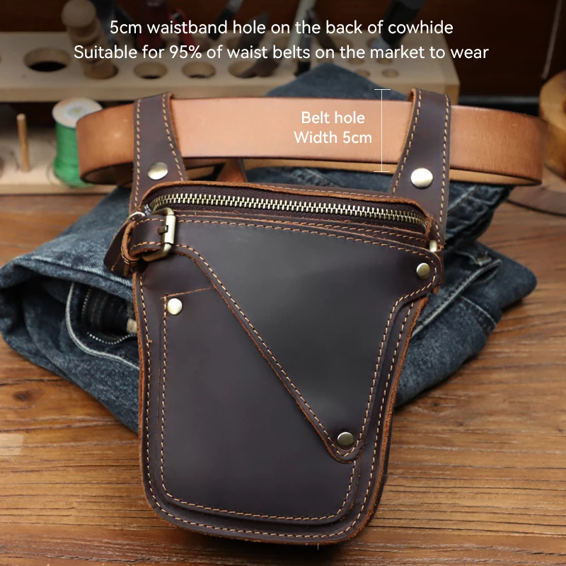 Men's Genuine Leather Waist Bag Portable Mobile Phone Bag Cowhide Outdoor Cellphone Holster Crazy Horse Leather Crossbody Bag