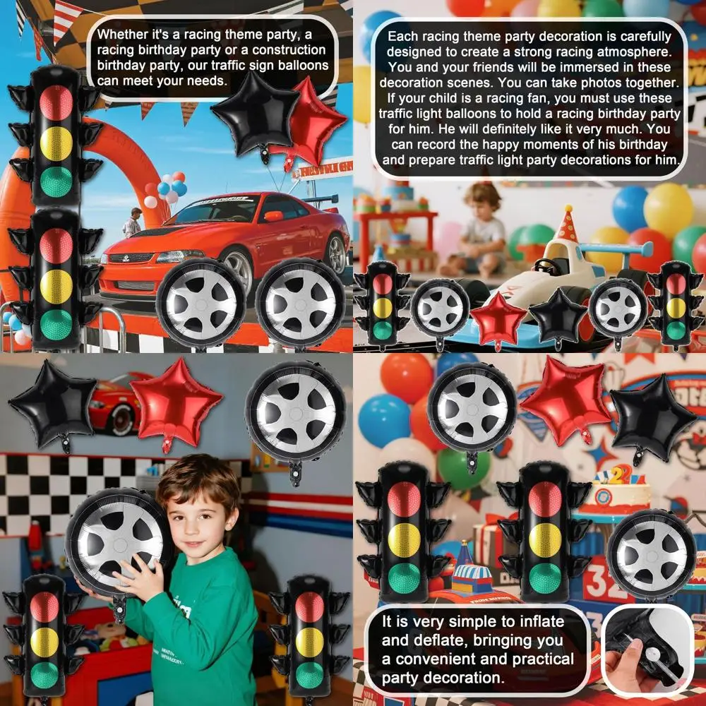 

6pcs Traffic Light Balloon Set, Vivid Aluminium Film Traffic Sign Balloons Including Indicator Light Tires Stars for Kid Vehicle