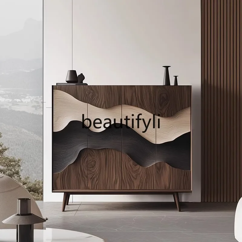 

Walnut solid wood shoe cabinet medium antique creative retro relief living room locker