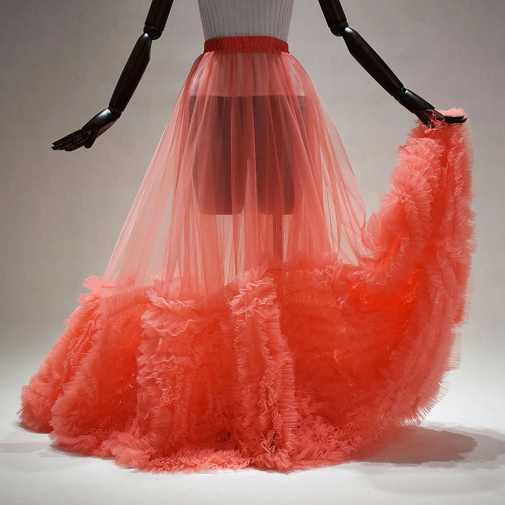 Ruffles Tulle Skirt For Lady See Through Prom Party Skirt Fashion Skirt