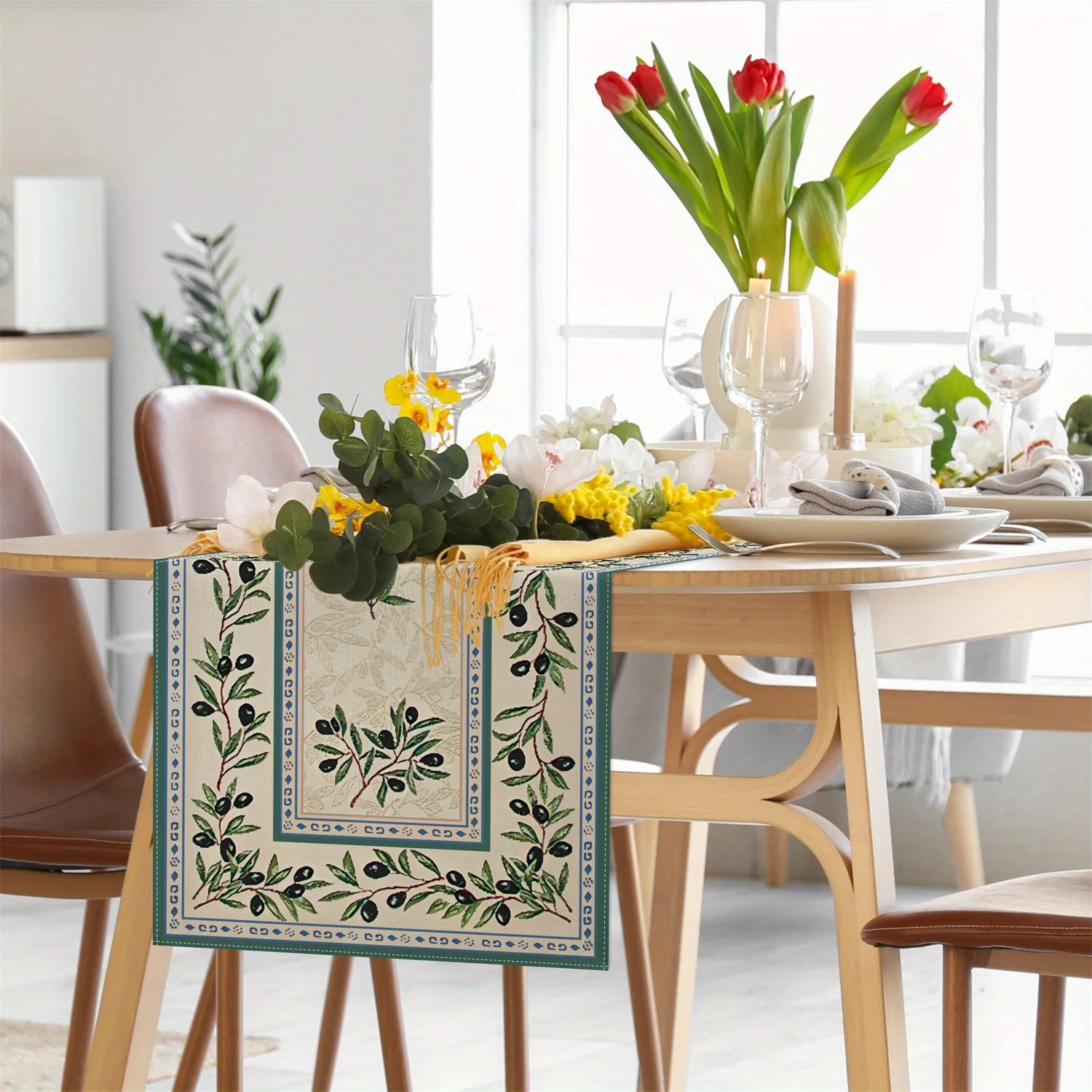 JIT 1 pc Olive Branch Pattern Beige Table Runner 2D Flat Print Classic Home Decor Dining Table Decoration Elegant Charming