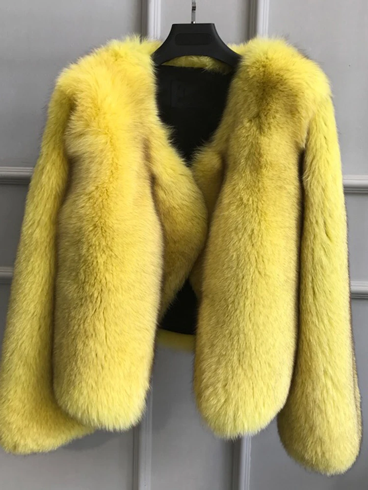 Asymmetric Collar Solid Natural Fox Fur Coat Women Winter New Casual Yellow Outertwear Genuine Fashion Real Fur Jacket Female