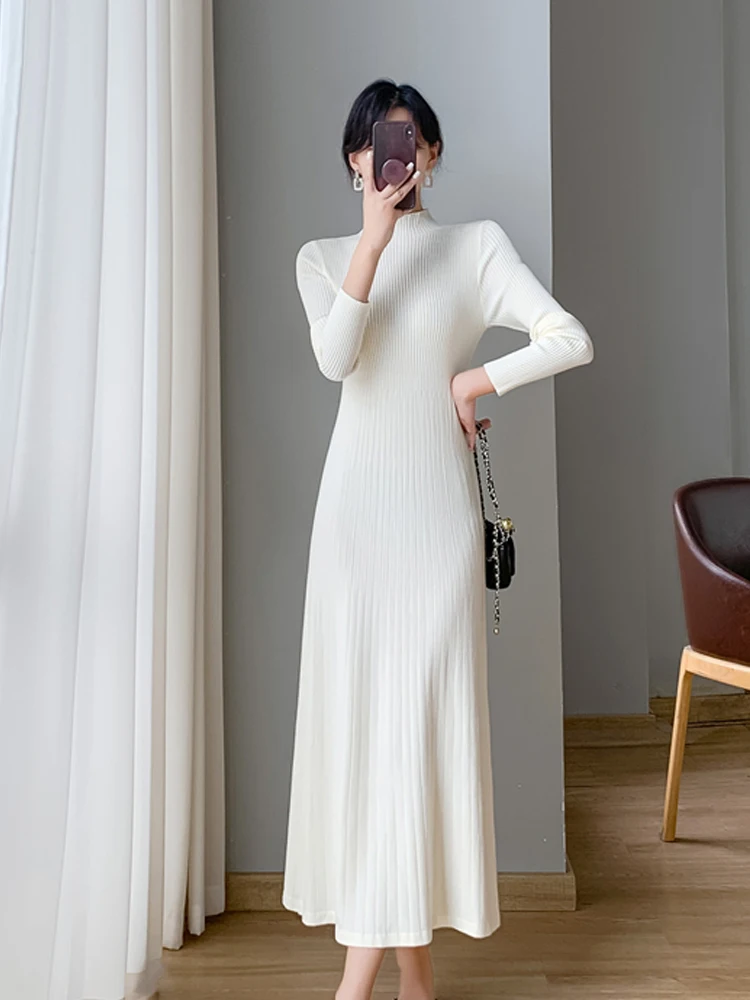 Women Half High Collar A-Line Knitted Dress Autumn Winter New Korean Temperament Simplicity Mid Length Version Sweater Dress