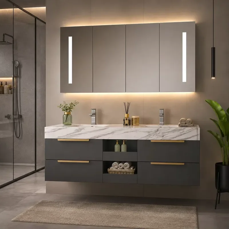 Customizable Color Rectangle Plywood Modern Ceramic Bathroom Vanity Double Sink Water Resistant Wall-Mounted Cabinet for