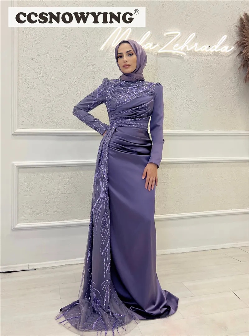 Gaun Malam Muslim Hijab Lengan Panjang Satin Ungu Gaun Pesta Formal Islami Leher Tinggi Gaun Prom Arabia Dubai Robe De Soiree