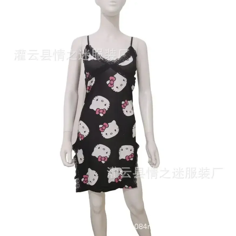 New Cartoon Hello Kittys Nightgown Sanrios Printing Girl Milk Shreds Home Leisure Anime Summer Lace Figure Kawaii Wear Outside